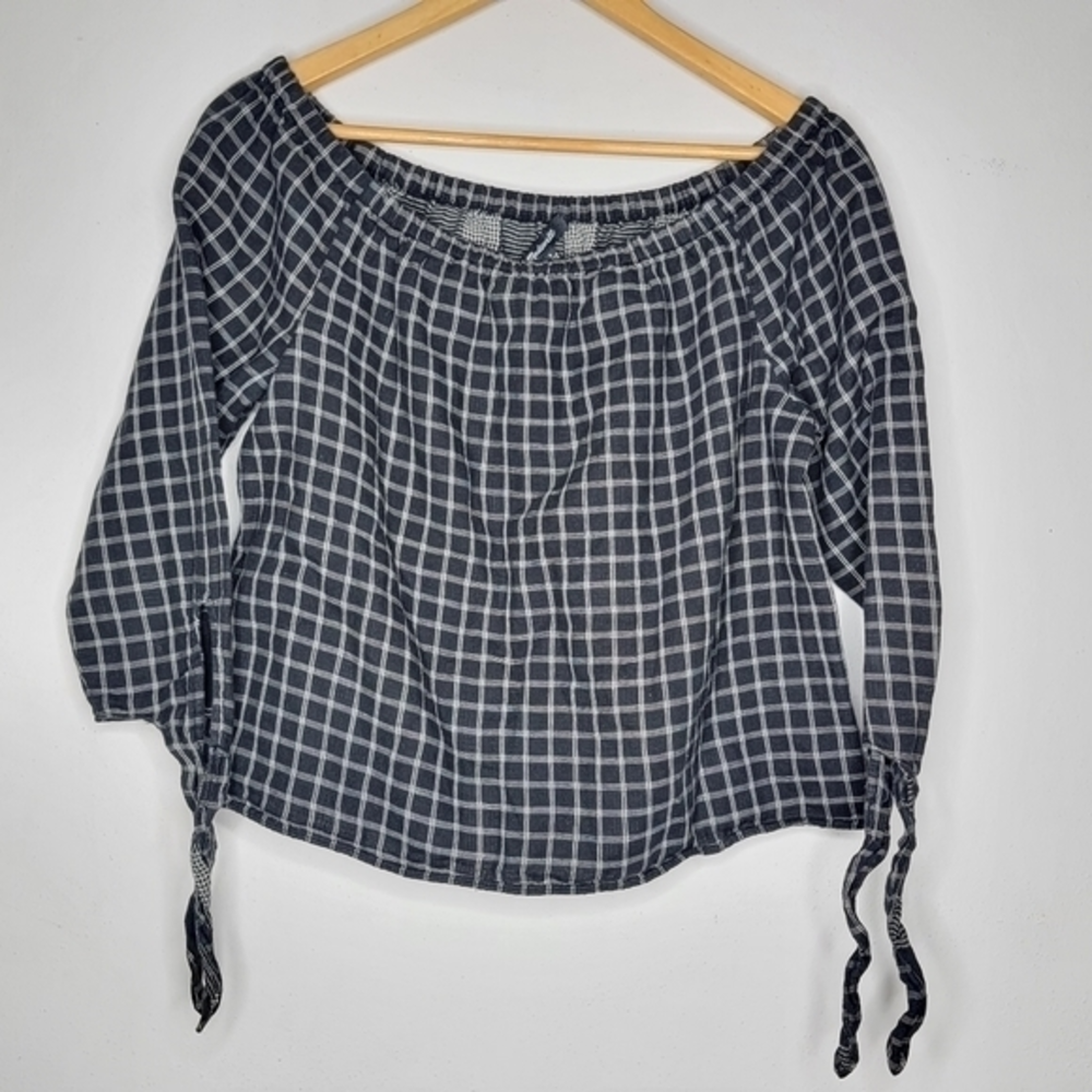 Madewell Women's Black Plaid Off Shoulder Top Long Tie Sleeve Size Small Cropped